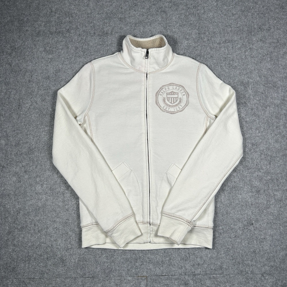 Polo Jeans Co Jacket Sweater‎ Men's Size Small White Cream Sherpa Lined Full Zip
